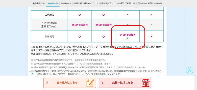 SMS追加オプションは月額140円