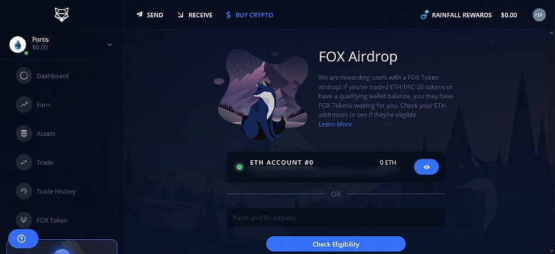 「FOX Torken → Airdrop」の画面を表示すると、PortisのETHアドレスが表示